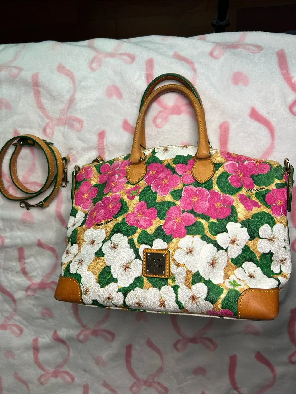 Dooney & Bourke Pink, White & Green Floral Satchel with Tan Trim